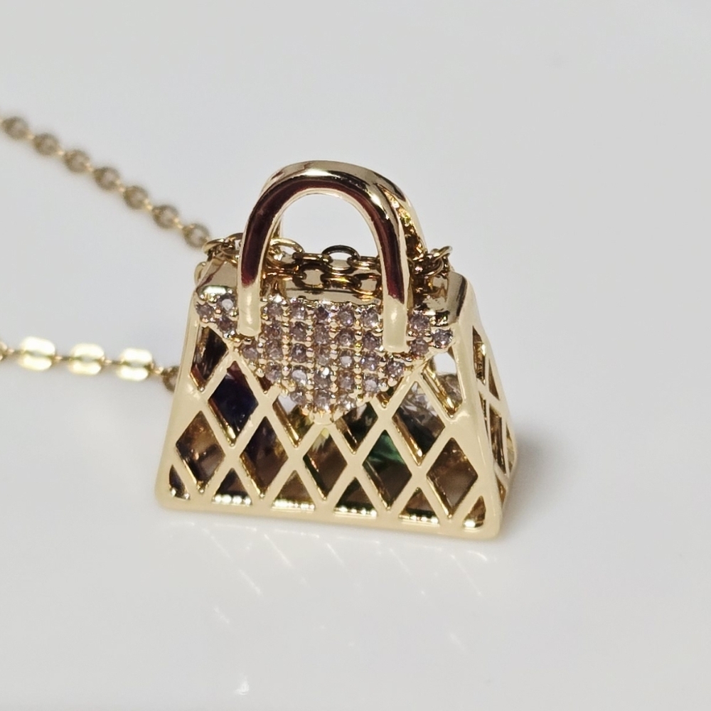 Gold Handbag Necklace Rhinestone Purse Pendant Cute Bling Fashion Jewelry Gift - Picture 8 of 10